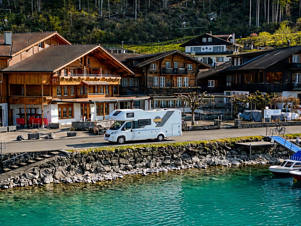 Un camping-car stationné au bord d’un lac suisse, devant des chalets