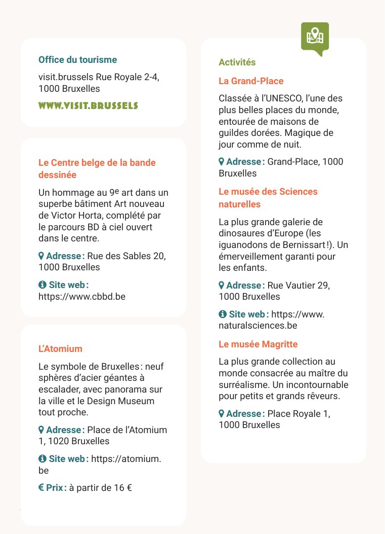 p. 102 — Les activités, avec l’adresse, le site et le prix