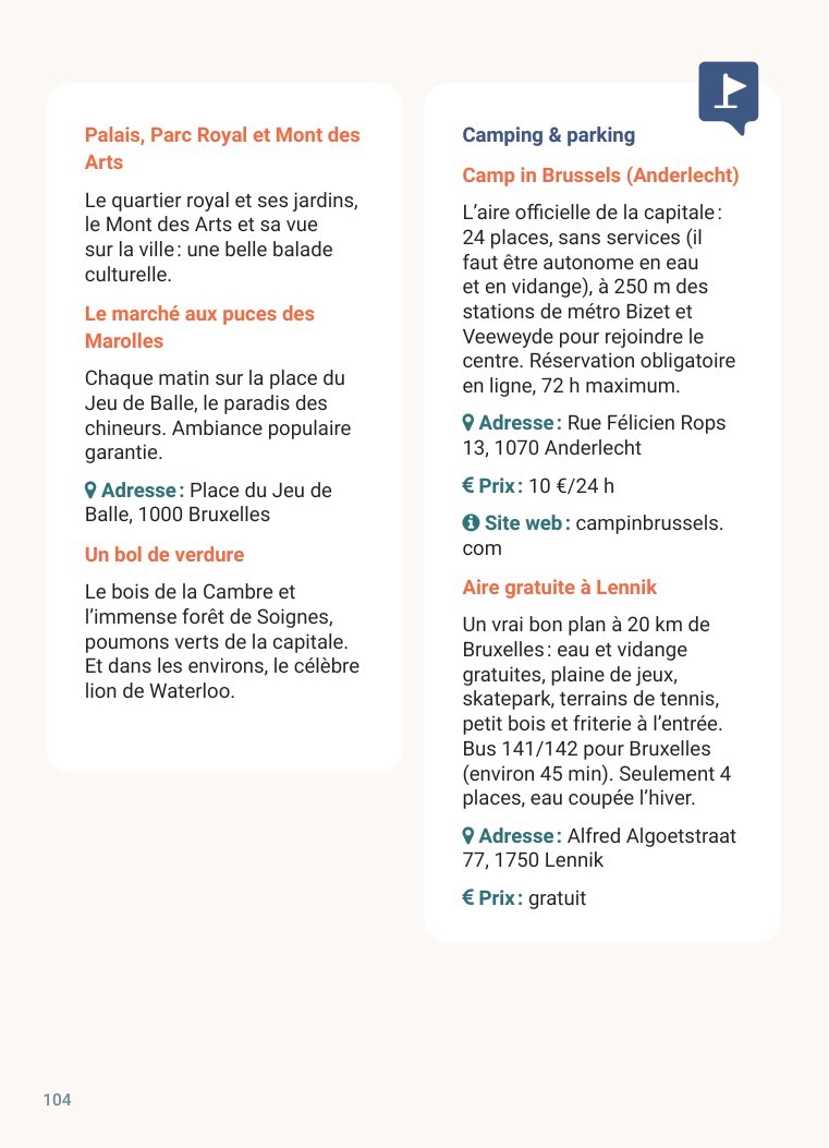 p. 104 — Où laisser le camping-car dans la capitale, et à quel tarif
