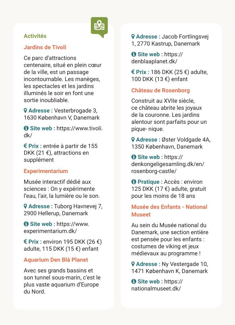 p. 52 — Les activités, avec l’adresse, le site et le prix