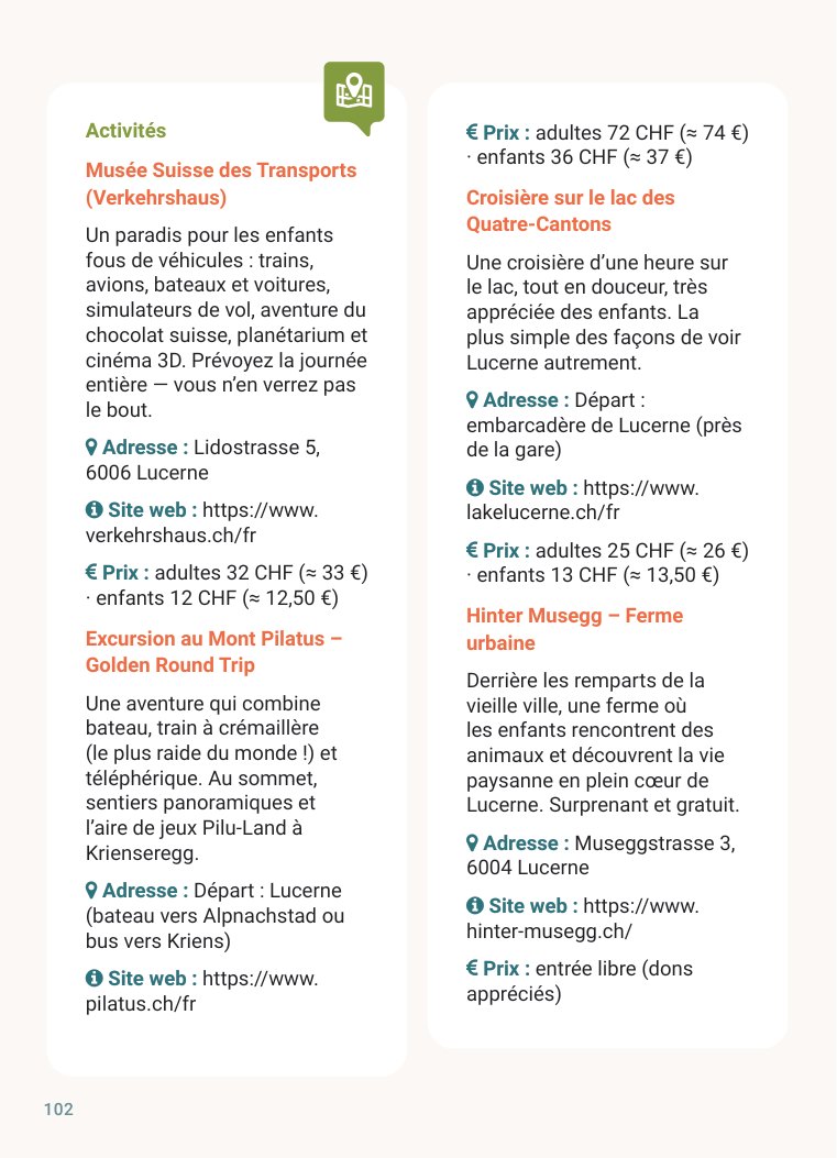 p. 102 — Les activités, avec l’adresse, le site et le prix