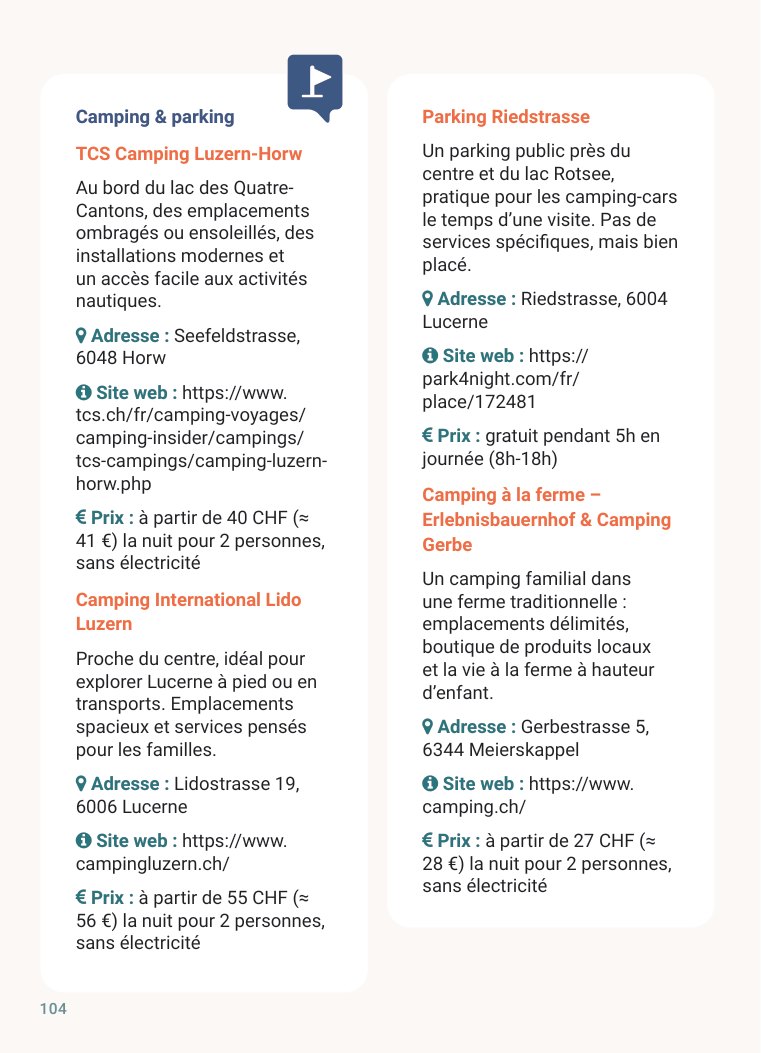 p. 104 — Les campings et parkings, avec les tarifs relevés sur place